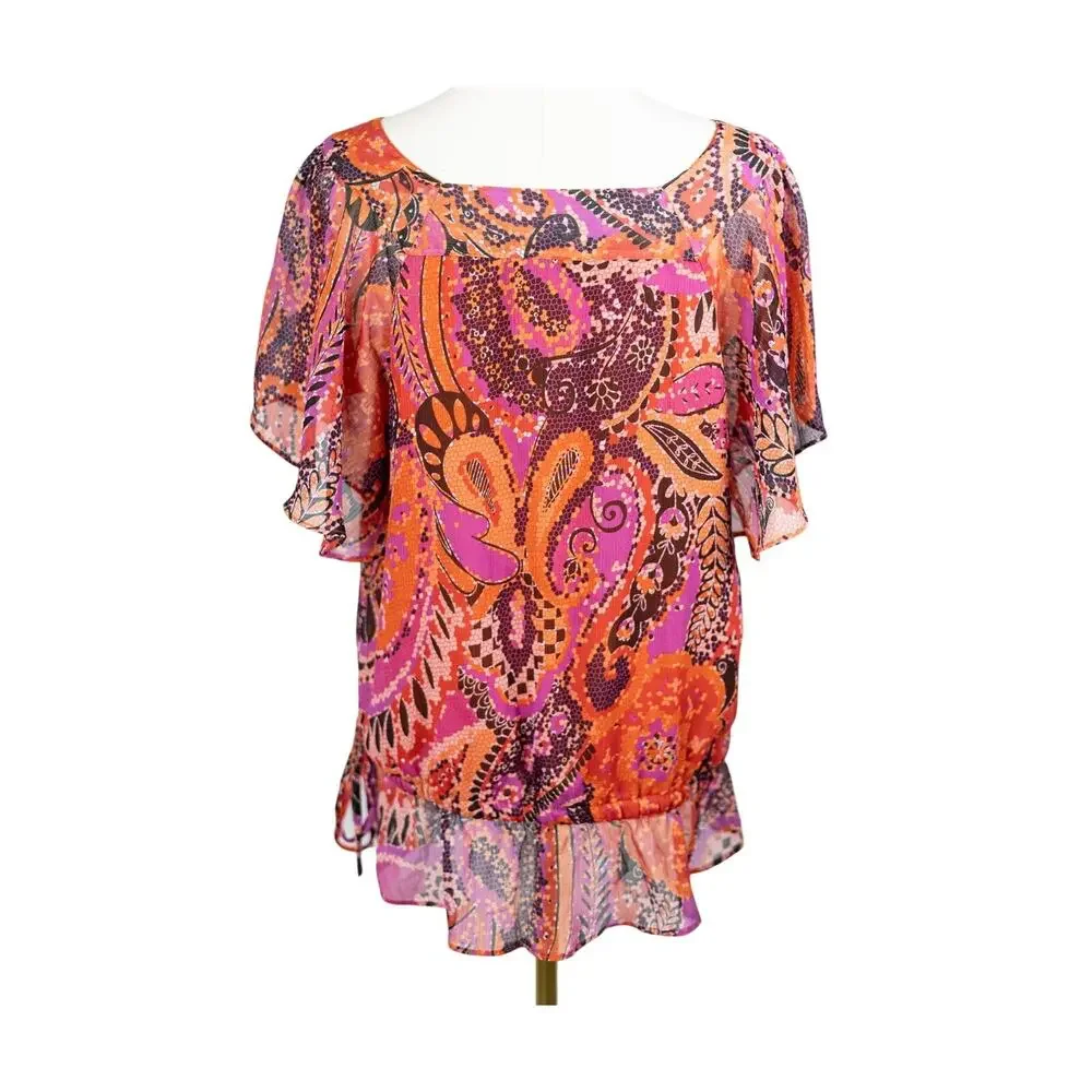 Apt 9 Large Womens Blouse Short Sleeve Ruffle Lined Red Purple